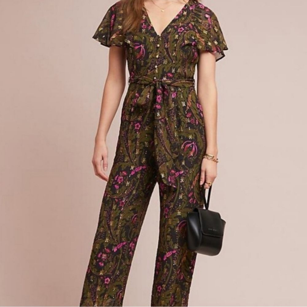 ANTHROPOLOGIE jumpsuit size 12 Pockets Tie Waist Crop Ruffle Sleeve Floral NWOT